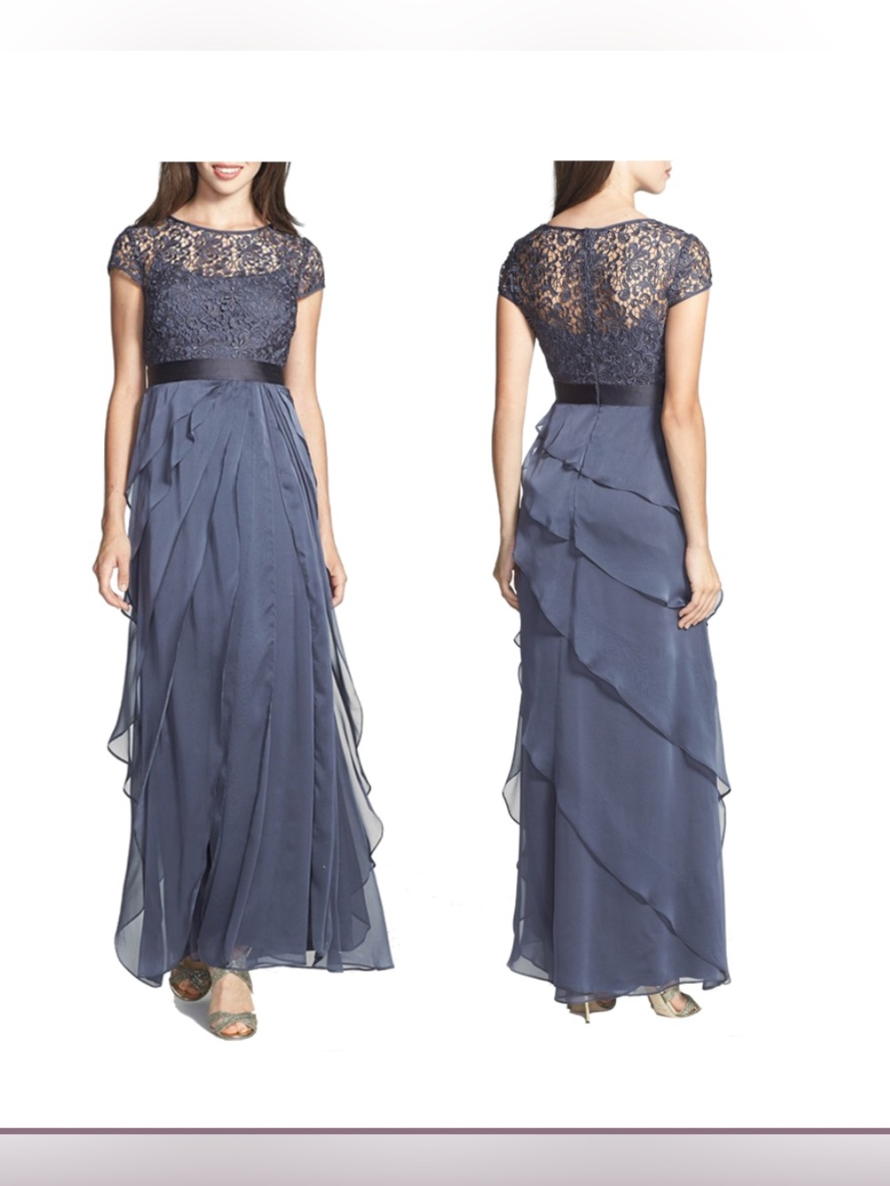 Adrianna Papell Slate Blue Lace Bodice Maxi Gown